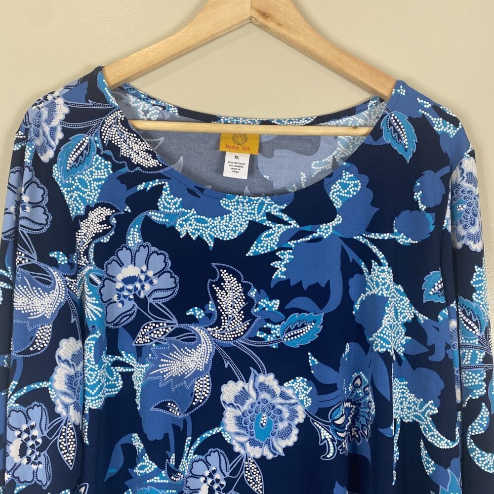 Ruby Rd. Blue Floral Print Tunic Top - Picture 2 of 5